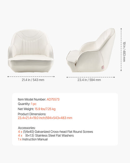 Båtsits, lågt ryggstöd, båtsits kaptenssits med förtjockad svampdyna och vattentätt PVC-läder, ergonomisk design, lämplig för fiskebåtar, yachter, fartyg, vit