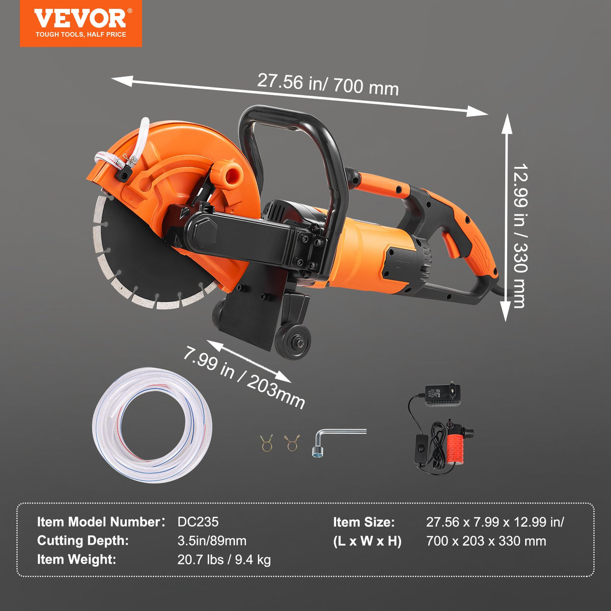9"/22,9 cm elektrisk betongsåg våt-/torrsåg med vattenpump och blad