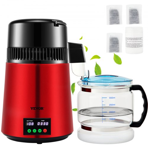 4 l vattendestilleri, 1 l/h, 750 W destillerat vatten med 0-99 timmars tidsinställning och temperaturdisplay, 304 rostfritt stål, bänkdestilleri, glaskanna, rengöringspulver, 3 kolförpackningar, röd
