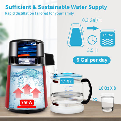 4 l vattendestilleri, 1 l/h, 750 W destillerat vatten med 0-99 timmars tidsinställning och temperaturdisplay, 304 rostfritt stål, bänkdestilleri, glaskanna, rengöringspulver, 3 kolförpackningar, röd