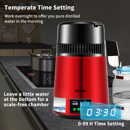 4 l vattendestilleri, 1 l/h, 750 W destillerat vatten med 0-99 timmars tidsinställning och temperaturdisplay, 304 rostfritt stål, bänkdestilleri, glaskanna, rengöringspulver, 3 kolförpackningar, röd