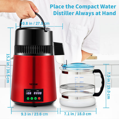 4 l vattendestilleri, 1 l/h, 750 W destillerat vatten med 0-99 timmars tidsinställning och temperaturdisplay, 304 rostfritt stål, bänkdestilleri, glaskanna, rengöringspulver, 3 kolförpackningar, röd