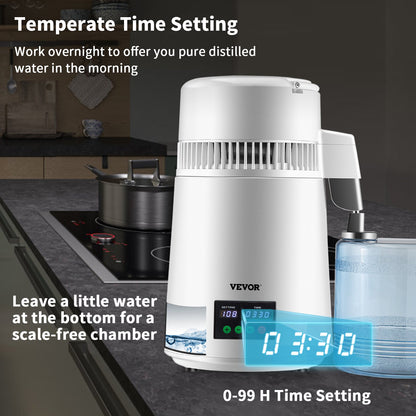 4L vattendestilleri 1L/h destillerad vattenmaskin tids- och temperaturdisplay vit