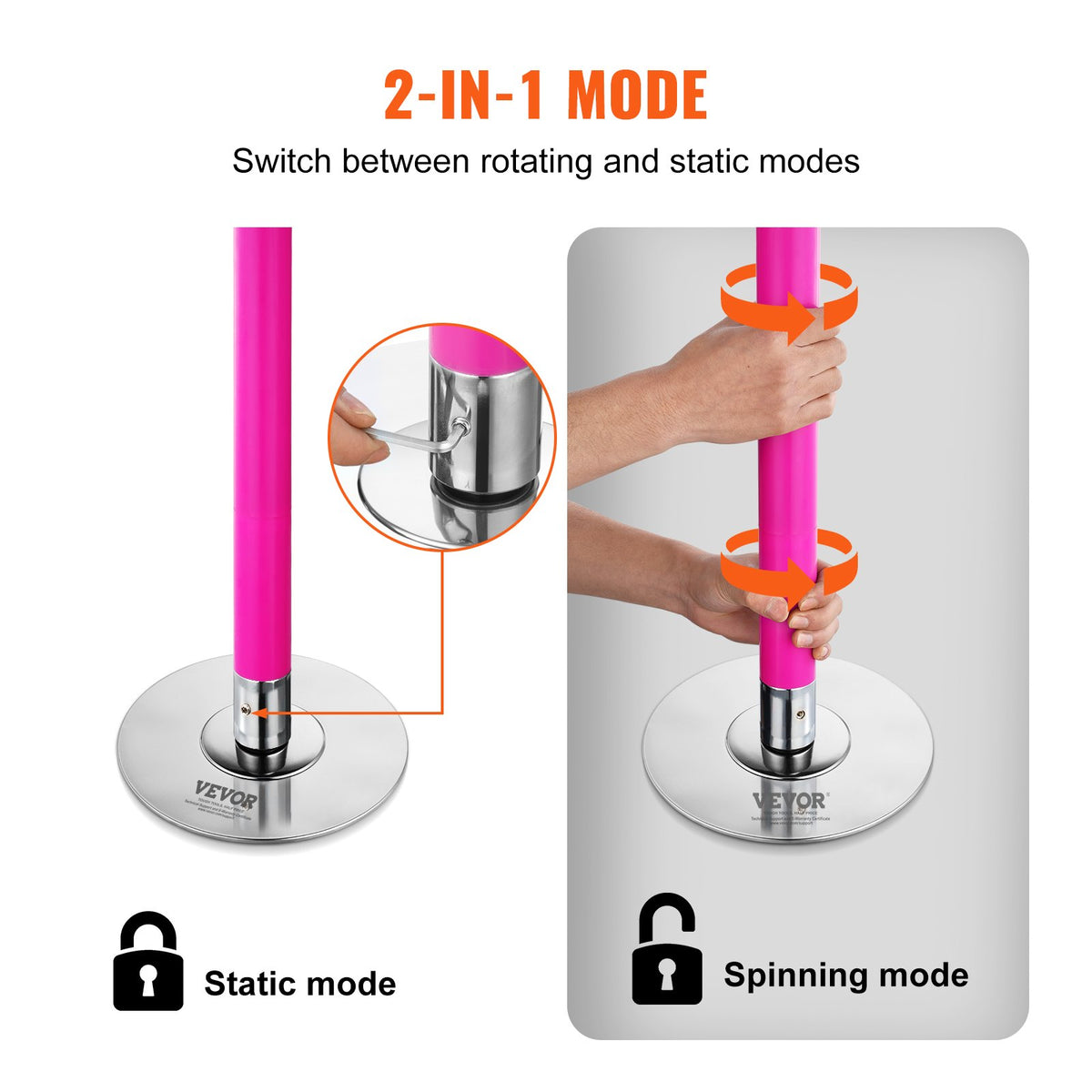 Professionell dansstång, snurrande statisk dansstångskit, bärbar avtagbar stång, 40 mm kraftig stång i rostfritt stål, höjdjusterbar fitnessstång, för träning hemma, klubbgym, rosa