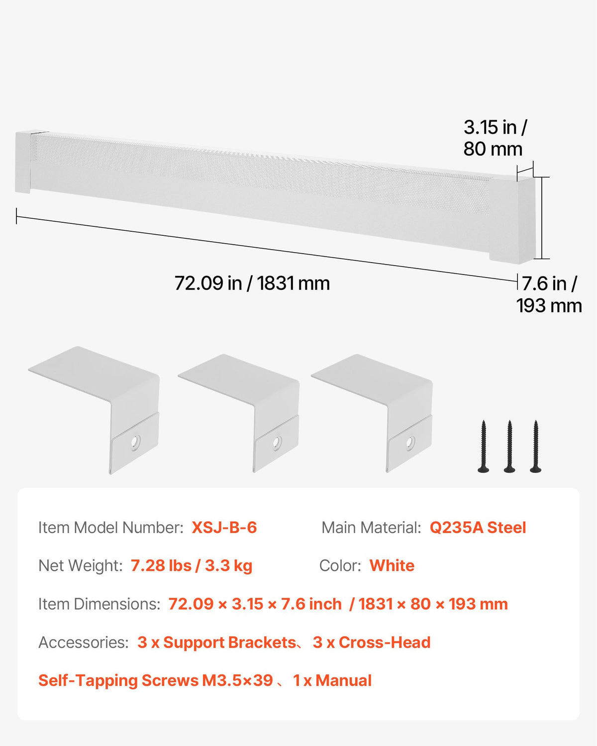 Baseboard Heater Covers, Basic Series 1831 mm Standard Electric Heating Unit Front Cover for Home Improvement, Heavy-duty Steel, Easy Installation for Bedroom Replacing Old Cover, White