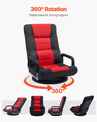 Swivel Floor Gaming Chair with Armrests, 360-Degree Rotating Floor Chair with 6 Adjustable Position Folding Backrest and Lumbar Support, Folding Video Reclining Sofa for TV Reading, Red Black