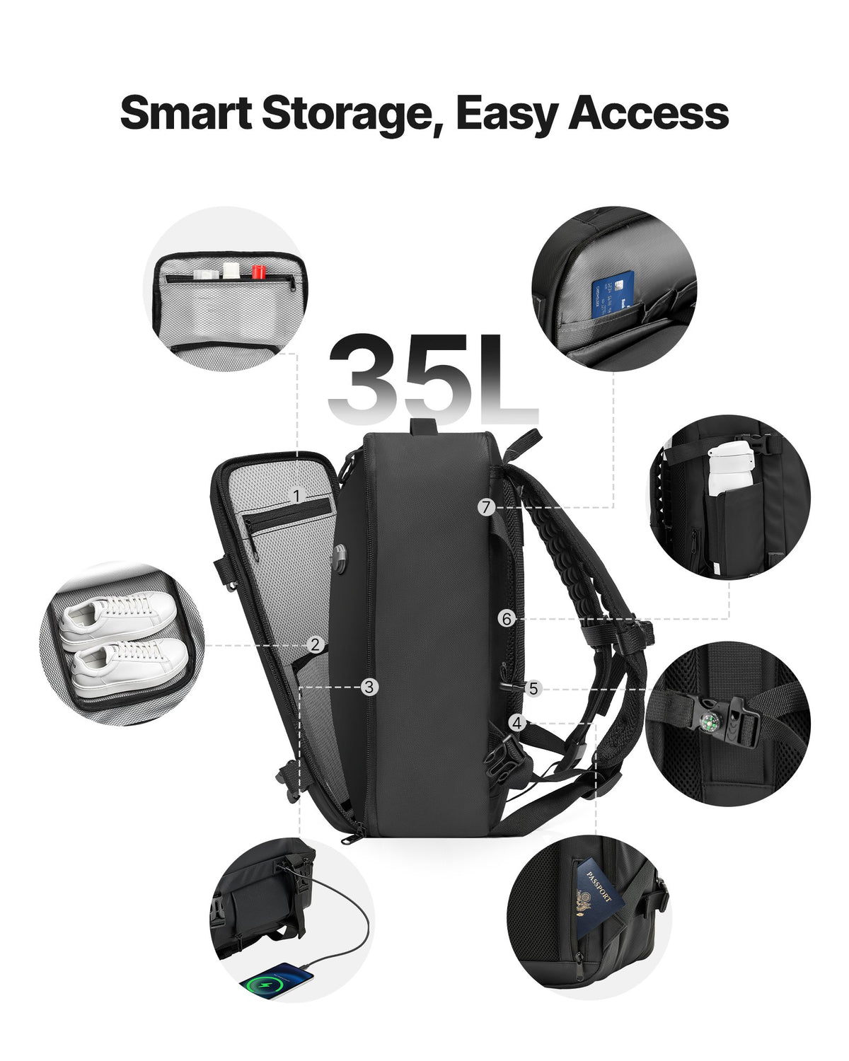 Vacuum Travel Backpack, 35L, Vacuum Seal Compression Travel Backpack with Air Pump, Multiple Pockets & Compartments, Water-Resistant Carry-On Suitcase Luggage, Casual Personal Item Bag, Black