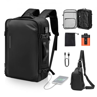 Vakuumreseryggsäck, 65L, Expanderbar vakuumtätad kompressionsreseryggsäck med pump, med TSA-godkänt lås, Airback Vacpack, Vattentålig handbagageväska, för affärsresenärer, svart