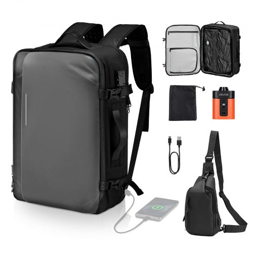 Vakuumreseryggsäck, 65L, Expanderbar vakuumtätad kompressionsreseryggsäck med pump, med TSA-godkänt lås, Airback Vacpack, Vattentålig handbagageväska, för affärsresenärer, Grå