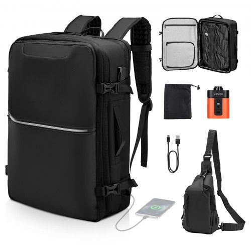 Vakuumreseryggsäck, 80L, Expanderbar vakuumtätad kompressionsreseryggsäck med pump, med TSA-godkänt lås, Airback Vacpack, Vattentålig handbagageväska, för affärsresenärer, Svart