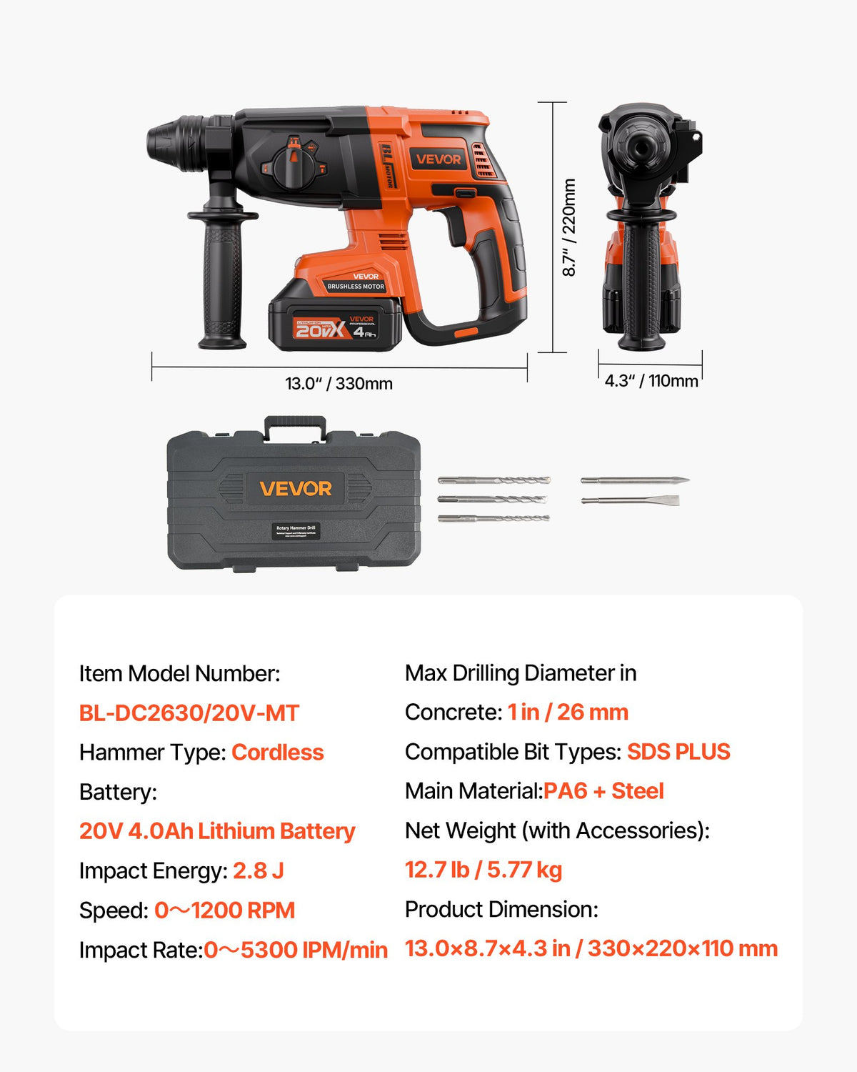 20V borstlös sladdlös slagborrmaskin, litiumjon 1-tums borrhammare, SDS-Plus elektriskt lättviktsverktygssats med batteri och laddare, 4 funktioner, 1200 varv/min, 5300 slag/min