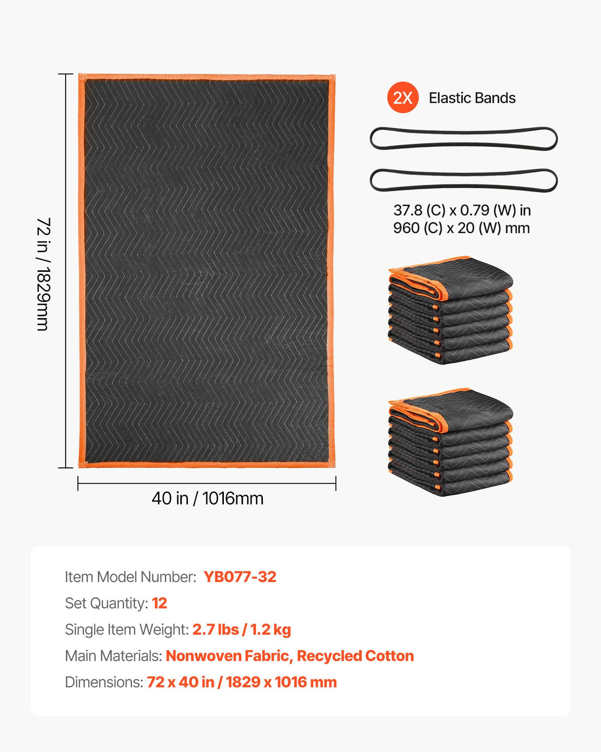 Moving Blankets 12 Pcs, 1829 x 1016 mm (14.5 kg/dz) Large Packing Blankets with Cotton Filling, Heavy Duty Nonwoven Fabric Padded Moving Blanket for Shipping, Wrapping, Protecting Furniture