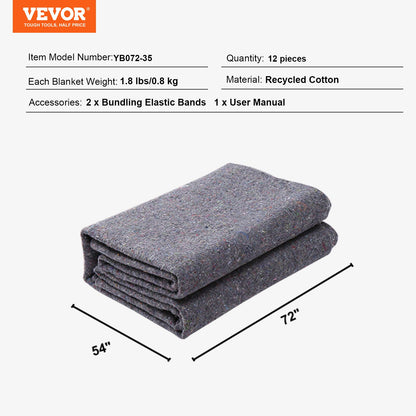 Flyttfiltar, 182,9 x 137,2 cm, 9,5 kg/dz vikt, 12 förpackningar, professionell packfilt i återvunnen bomull, stora kraftiga flyttfiltar perfekta för att skydda möbler, golv, vitvaror