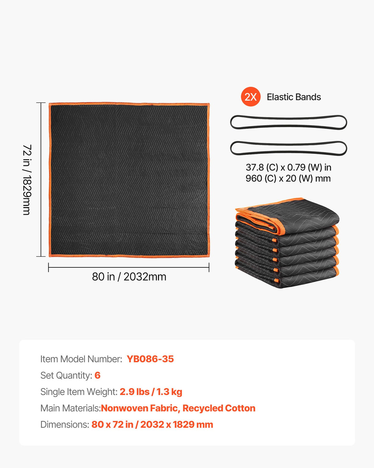 Moving Blankets 6 Pcs, 2032 x 1829 mm (15.9 kg/dz) Large Packing Blankets with Cotton Filling, Heavy Duty Nonwoven Fabric Padded Moving Blanket for Shipping, Wrapping, Protecting Furniture