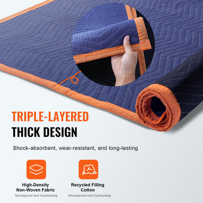 Moving Blankets, 203.2 x 182.9 cm, 15.9 kg/dz Weight, 12 Packs, Professional Non-Woven & Recycled Cotton Packing Blanket, Heavy Duty Mover Pads for Protecting Furniture, Floors, Appliances, Blue/Orange