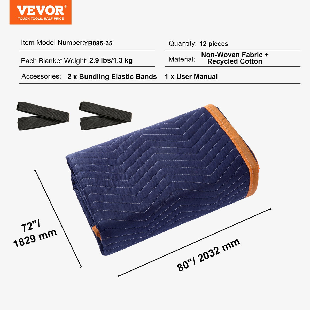 Moving Blankets, 203.2 x 182.9 cm, 15.9 kg/dz Weight, 12 Packs, Professional Non-Woven & Recycled Cotton Packing Blanket, Heavy Duty Mover Pads for Protecting Furniture, Floors, Appliances, Blue/Orange