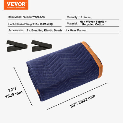Moving Blankets, 203.2 x 182.9 cm, 15.9 kg/dz Weight, 12 Packs, Professional Non-Woven & Recycled Cotton Packing Blanket, Heavy Duty Mover Pads for Protecting Furniture, Floors, Appliances, Blue/Orange