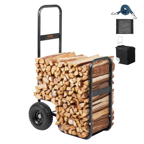 Firewood Log Cart, 113.4 kg Capacity, Outdoor and Indoor Wood Rack Storage Mover with PU Wheels & Waterproof Cloth, Heavy Duty Steel Dolly Hauler, Firewood Carrier for Fireplace, Fire Pit, Black