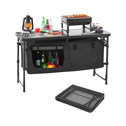 Campingköksbord, hopfällbart utomhusköksbord, 3 justerbara höjder, lätt och bärbar kokstation i aluminium med förvaringsorganisatör, bärhandtag, för grillfest, picknick, husbilsresa, svart