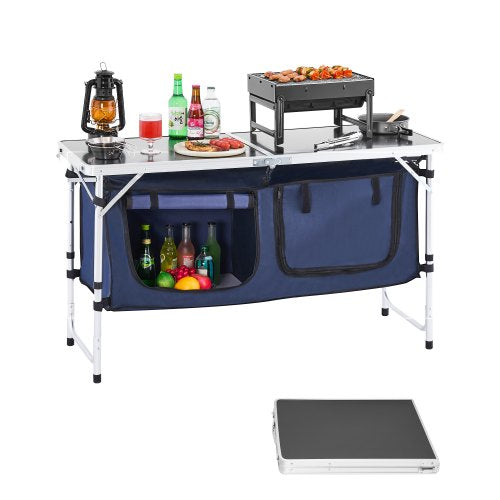 Campingköksbord, hopfällbart utomhusköksbord, 3 justerbara höjder, lätt och bärbar kokstation i aluminium med förvaringsorganisatör, bärhandtag, för grillfest, picknick, husbilsresa, blå