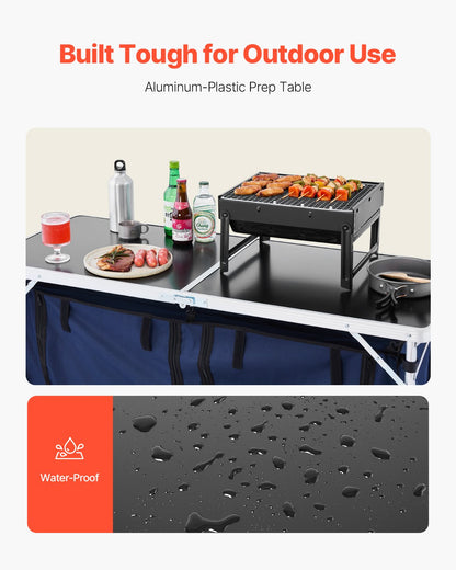 Campingköksbord, hopfällbart utomhusköksbord, 3 justerbara höjder, lätt och bärbar kokstation i aluminium med förvaringsorganisatör, bärhandtag, för grillfest, picknick, husbilsresa, blå