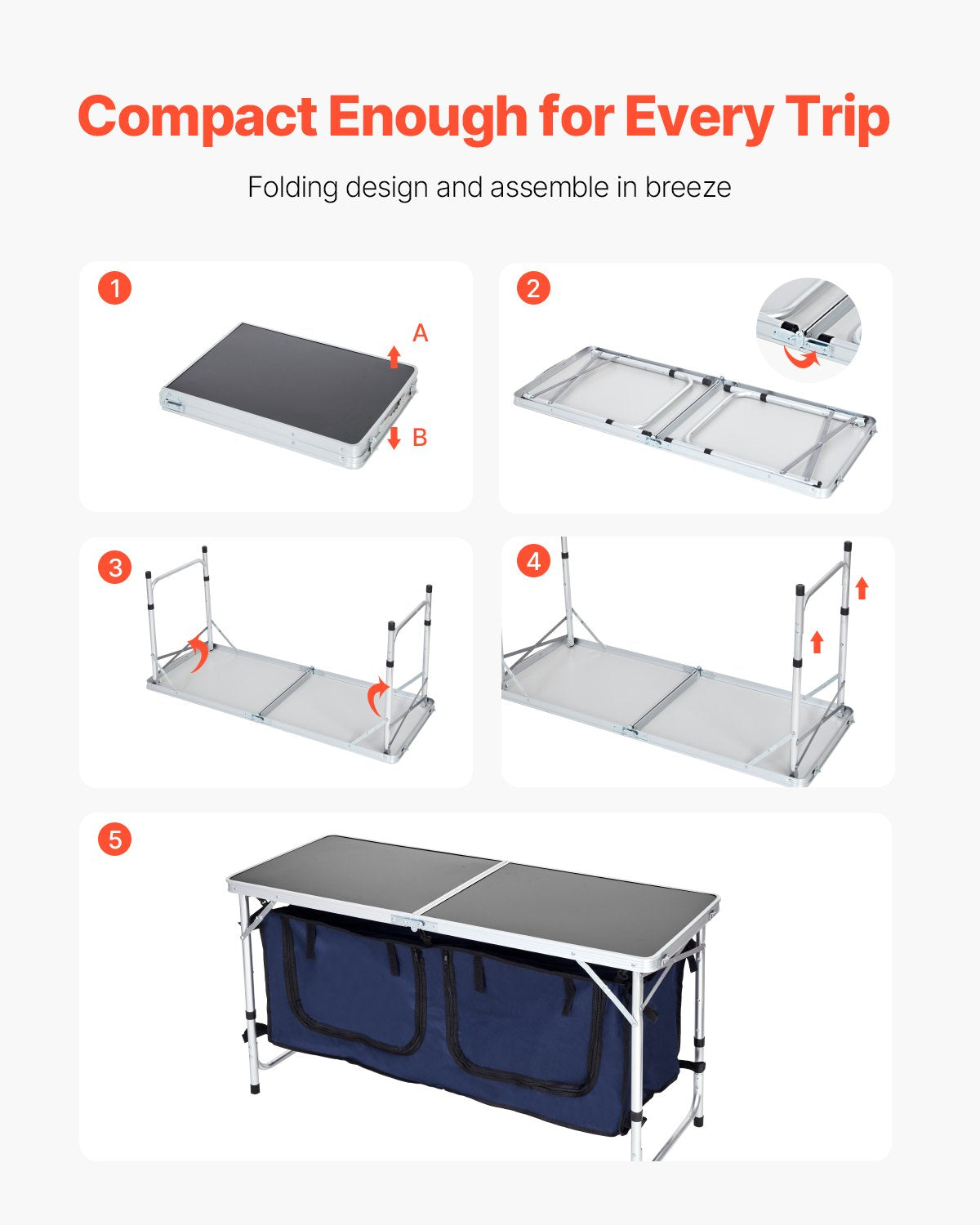 Campingköksbord, hopfällbart utomhusköksbord, 3 justerbara höjder, lätt och bärbar kokstation i aluminium med förvaringsorganisatör, bärhandtag, för grillfest, picknick, husbilsresa, blå