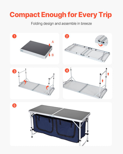 Campingköksbord, hopfällbart utomhusköksbord, 3 justerbara höjder, lätt och bärbar kokstation i aluminium med förvaringsorganisatör, bärhandtag, för grillfest, picknick, husbilsresa, blå