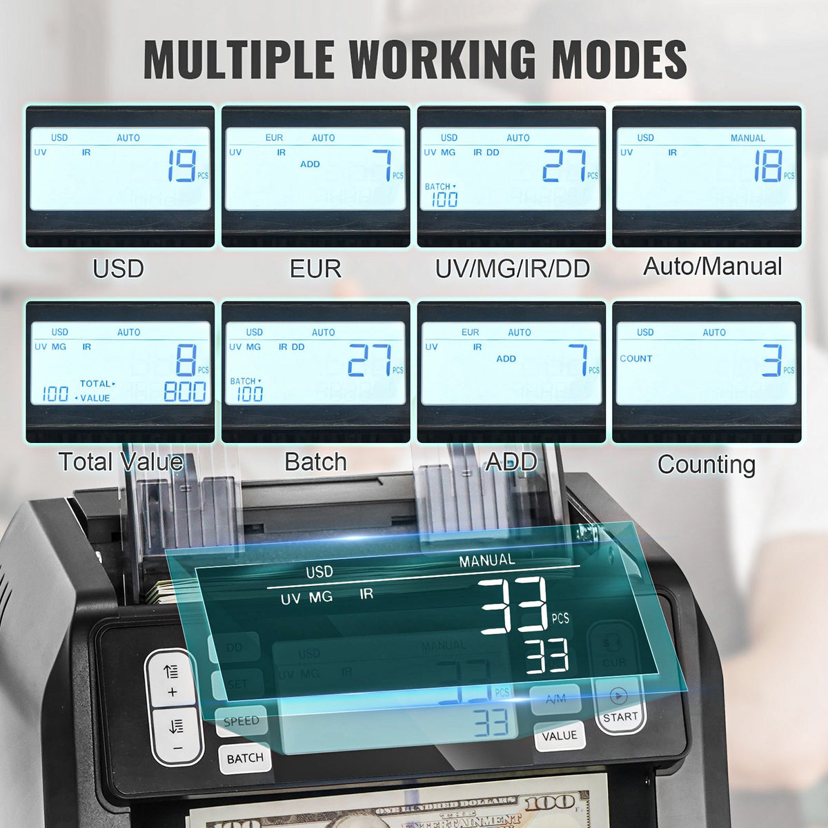 Penningräknare, sedelräknare med UV-, MG-, IR- och DD-förfalskningsdetektering, USD- och EUR-kontanträknare med summerings- och batchlägen, stor LCD-skärm och extern display
