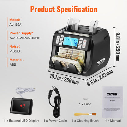 Penningräknare, sedelräknare med UV-, MG-, IR- och DD-förfalskningsdetektering, USD- och EUR-kontanträknare med summerings- och batchlägen, stor LCD-skärm och extern display