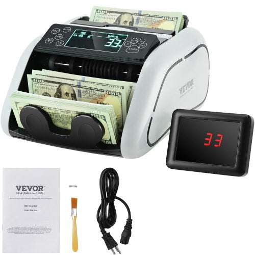 Penningräknare, sedelräknare med UV-, MG-, IR- och DD-förfalskningsdetektering, USD- och EUR-kassaräknare med stor LCD-skärm och extern display för småföretag
