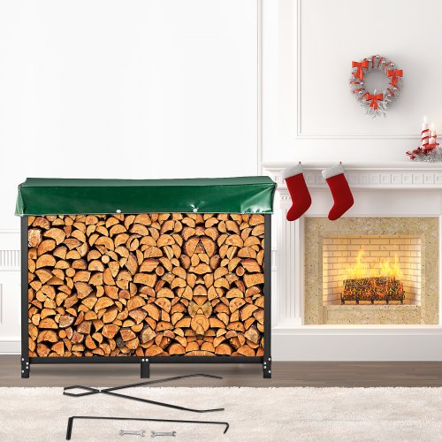 Firewood Log Rack, 2.44 m Firewood Rack Outdoor, Black Firewood Rack Stand, Steel Outdoor Wood Rack, Firewood Log Holder with Load Capacity 590 kg, Firewood Rack with Cover & Fireplace Tool Set