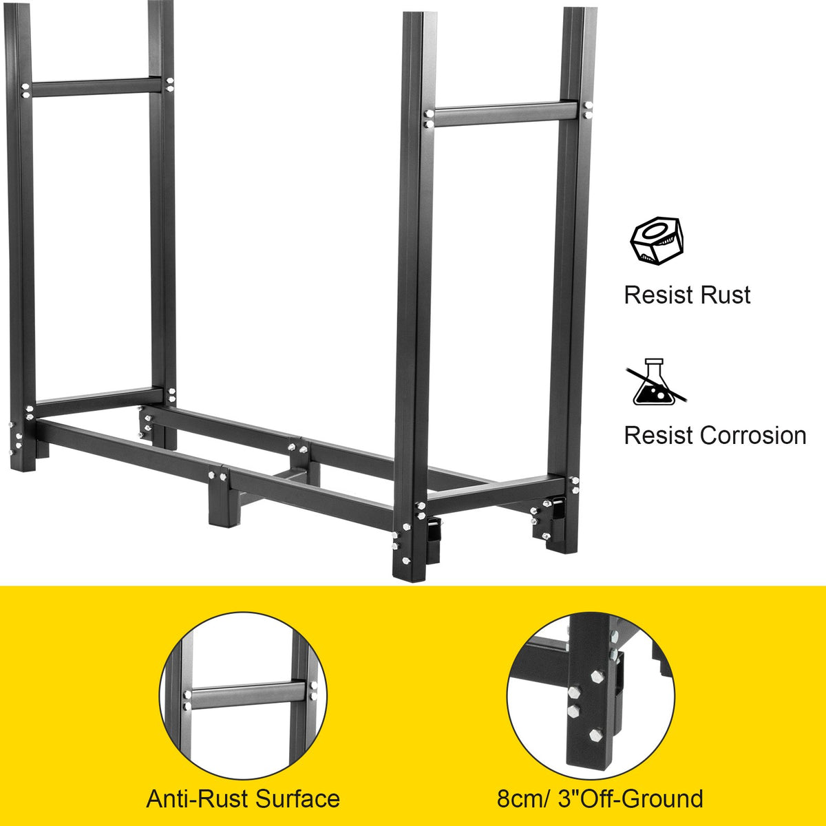 Firewood Log Rack, 2.44 m Firewood Rack Outdoor, Black Firewood Rack Stand, Steel Outdoor Wood Rack, Firewood Log Holder with Load Capacity 590 kg, Firewood Rack with Cover & Fireplace Tool Set