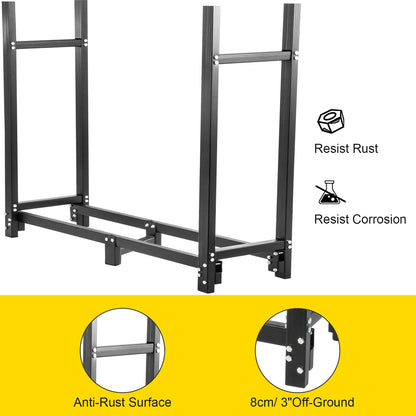 Firewood Log Rack, 2.44 m Firewood Rack Outdoor, Black Firewood Rack Stand, Steel Outdoor Wood Rack, Firewood Log Holder with Load Capacity 590 kg, Firewood Rack with Cover & Fireplace Tool Set
