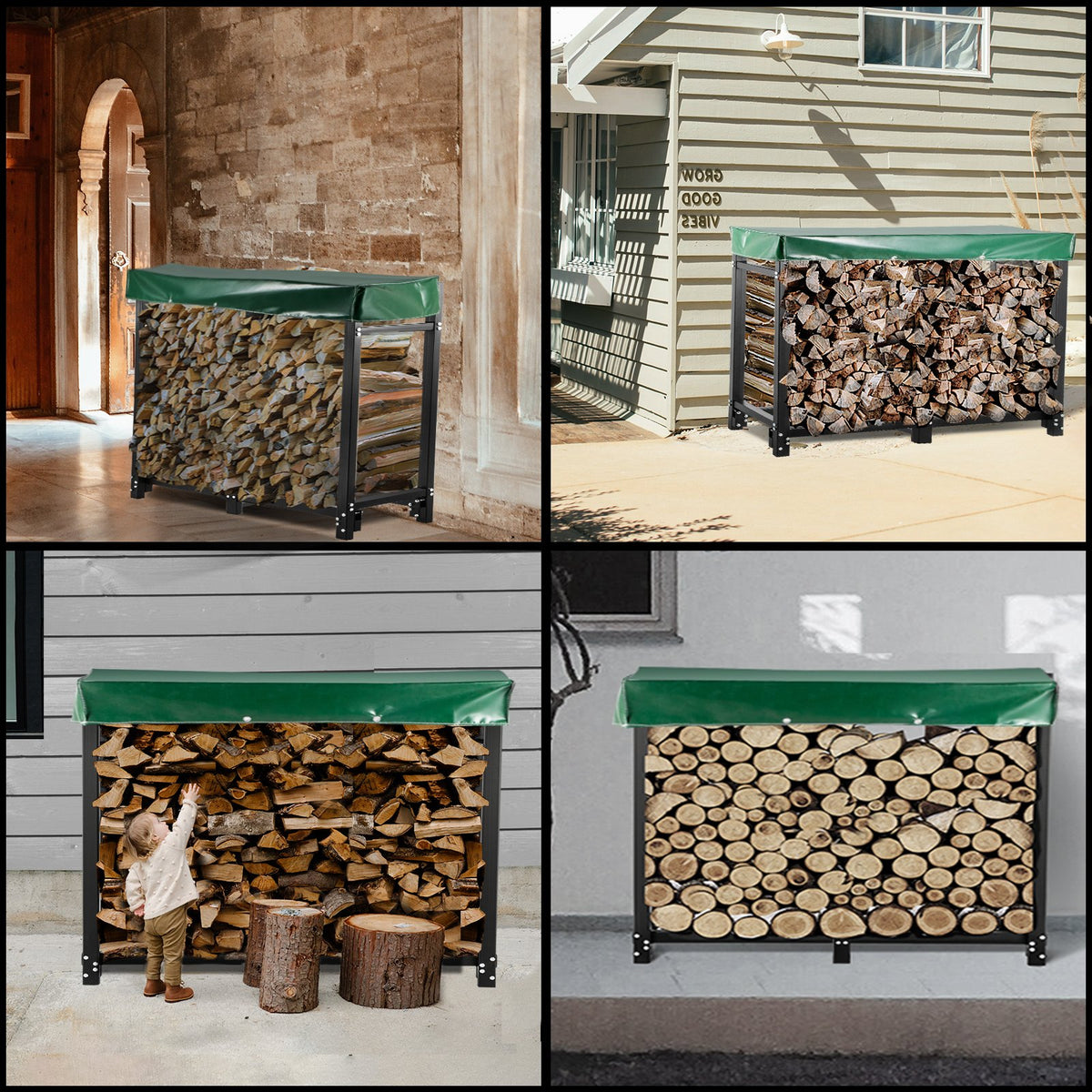 Firewood Log Rack, 2.44 m Firewood Rack Outdoor, Black Firewood Rack Stand, Steel Outdoor Wood Rack, Firewood Log Holder with Load Capacity 590 kg, Firewood Rack with Cover & Fireplace Tool Set