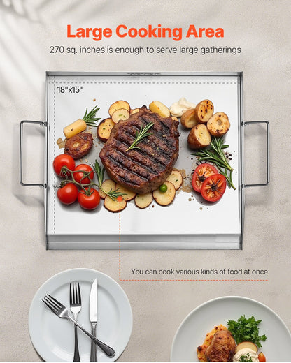 Stekplåt i rostfritt stål, 18x16 tum universal platt rektangulär platta, gasgrillstekplåt för BBQ-grill, teppanyaki, bärbart familjeköksredskap med handtag, för camping, tailgating-fest