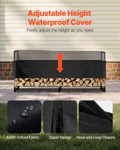 2.4m Outdoor Firewood Rack with Cover, 244 cm x 36 cm x 117 cm, Heavy Duty Firewood Holder & 600D Oxford Waterproof Cover for Fireplace, Patio, Indoor/Outdoor Log Storage Rack for 1/2 Cord of Firewood