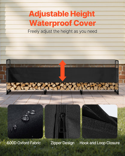 3.9m Outdoor Firewood Rack with Cover, 386 cm x 36 cm x 117 cm, Heavy Duty Firewood Holder & 600D Oxford Waterproof Cover for Fireplace, Patio, Indoor/Outdoor Log Storage Rack for 3/4 Cord of Firewood