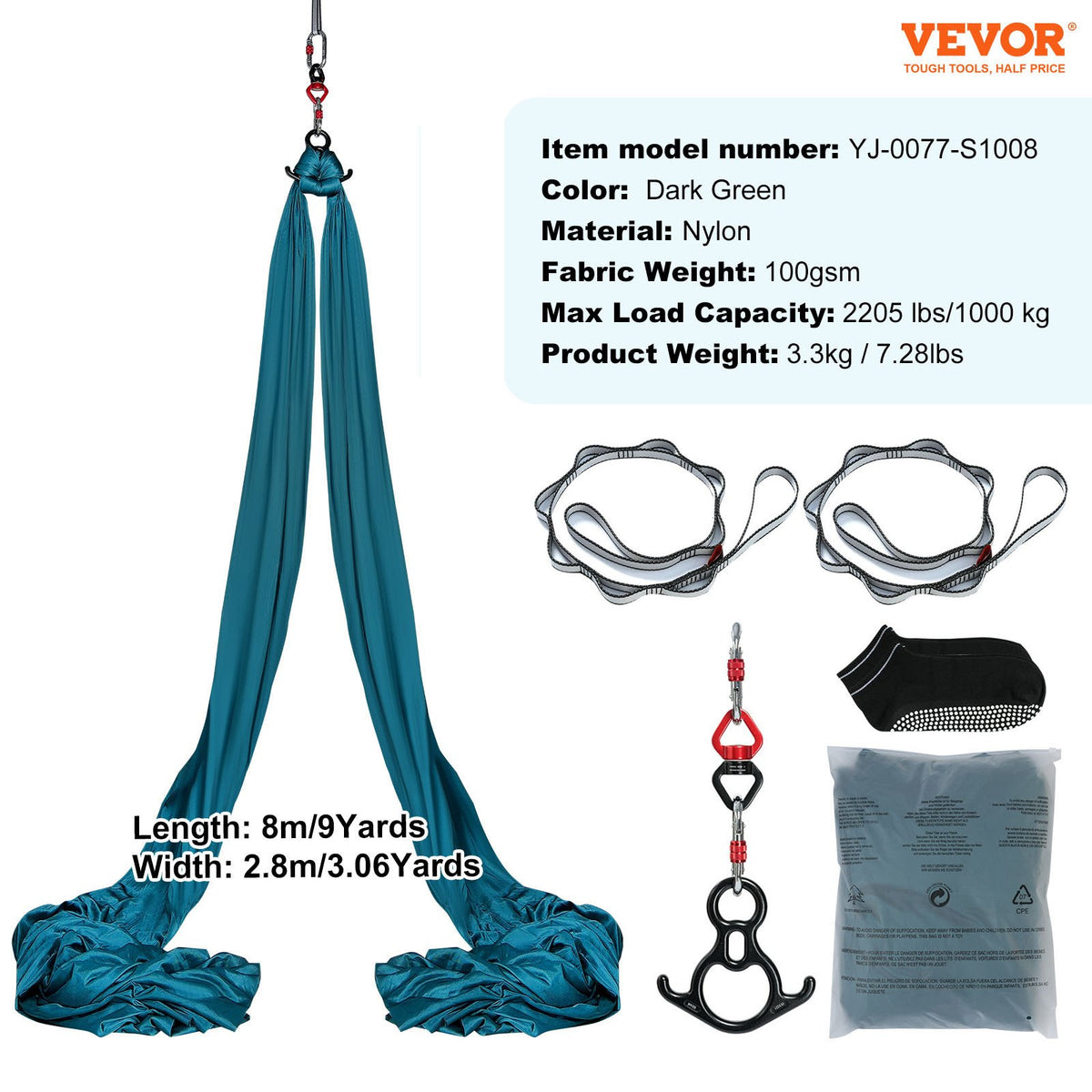 Aerial Silk &amp; Yoga Swing, 8,7 yards, Aerial Yoga Hammock Kit med 100gsm nylontyg, komplett riggningshårdvara och enkel installationsguide, antigravitationsflygning för alla nivåer fitness bodybuilding, grön
