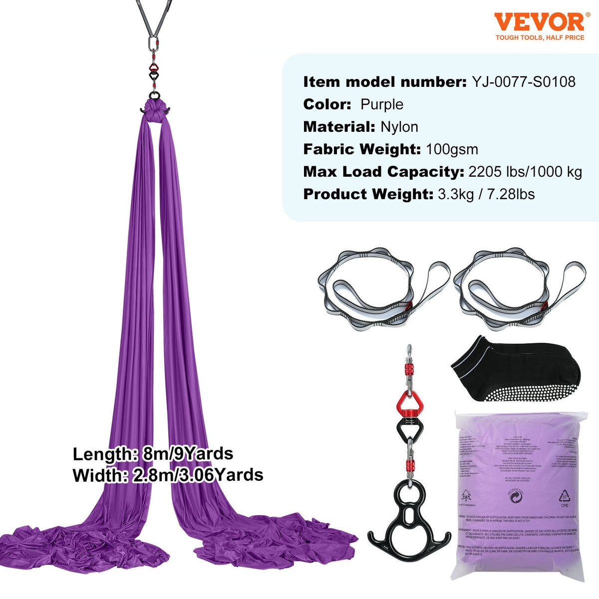 Aerial Silk &amp; Yoga Swing, 8,7 yards, Aerial Yoga Hammock Kit med 100gsm nylontyg, komplett riggningshårdvara och enkel installationsguide, antigravitationsflygning för alla nivåer fitness bodybuilding, lila