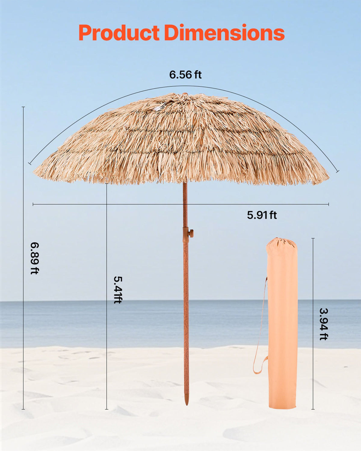 Tiki-parasoll, 6,5 fot halmtaksparasoll med lutning, strandparasoll i hawaiisk stil med hållbart PP-halmtak och 8 metallribbor, gräspoolparasoll för strand, uteplats, pool, bakgård och trädgård