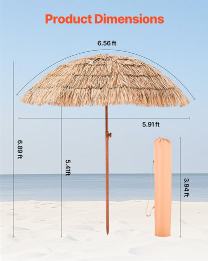 Tiki-parasoll, 6,5 fot halmtaksparasoll med lutning, strandparasoll i hawaiisk stil med hållbart PP-halmtak och 8 metallribbor, gräspoolparasoll för strand, uteplats, pool, bakgård och trädgård