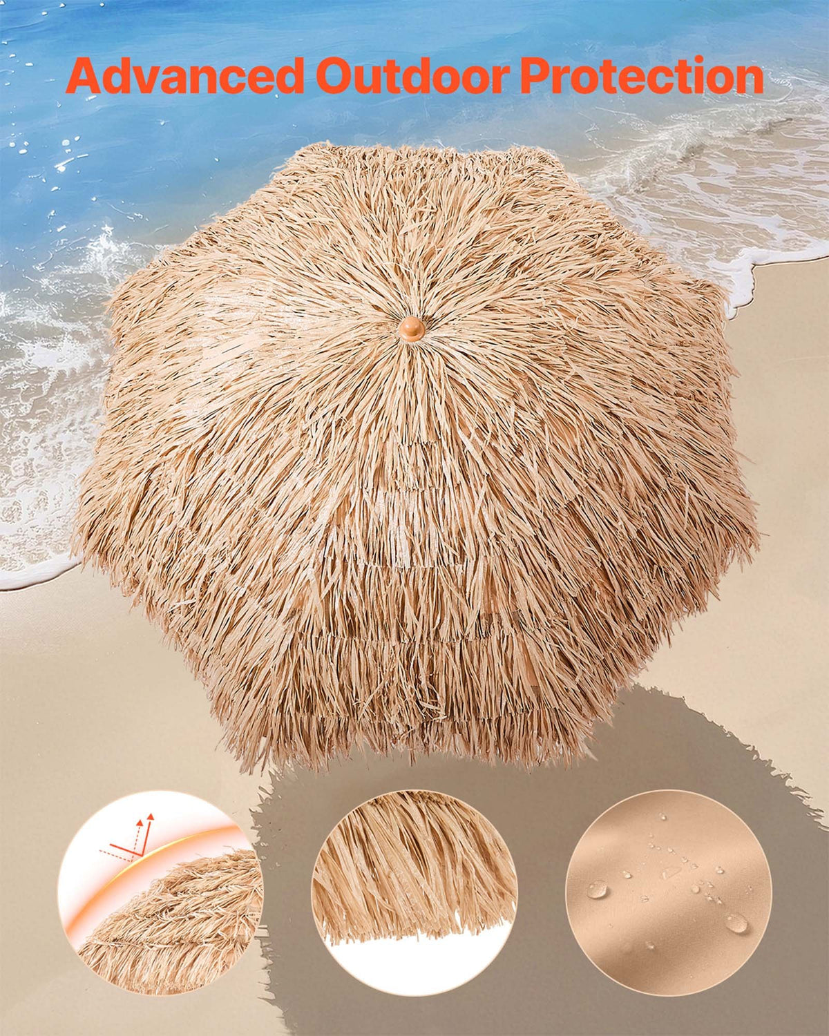 Tiki-parasoll, 6,5 fot halmtaksparasoll med lutning, strandparasoll i hawaiisk stil med hållbart PP-halmtak och 8 metallribbor, gräspoolparasoll för strand, uteplats, pool, bakgård och trädgård