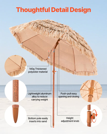 Tiki-parasoll, 6,5 fot halmtaksparasoll med lutning, strandparasoll i hawaiisk stil med hållbart PP-halmtak och 8 metallribbor, gräspoolparasoll för strand, uteplats, pool, bakgård och trädgård