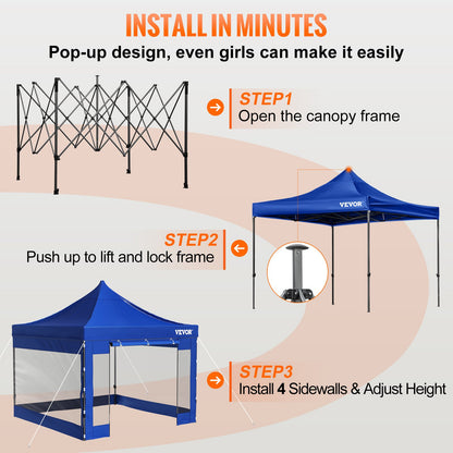 304,8 x 304,8 cm popup-tält med tak, utomhuspaviljongtält med avtagbara sidoväggar och hjulförsedd väska, UV-resistent vattentätt direktpaviljongtält för fest, trädgård, bakgård, blå