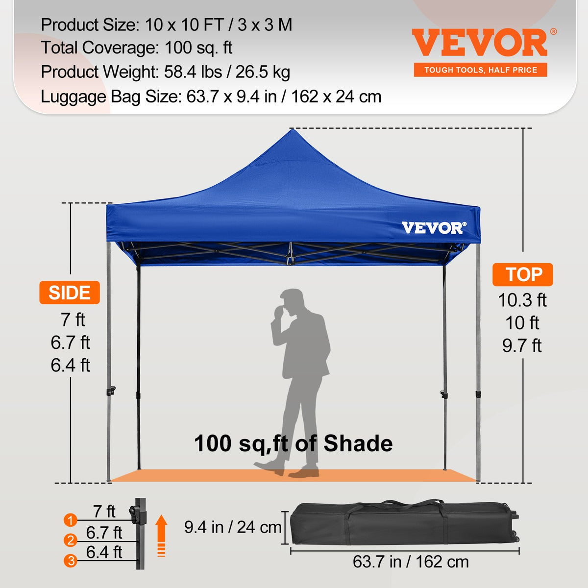 304,8 x 304,8 cm popup-tält med tak, utomhuspaviljongtält med avtagbara sidoväggar och hjulförsedd väska, UV-resistent vattentätt direktpaviljongtält för fest, trädgård, bakgård, blå