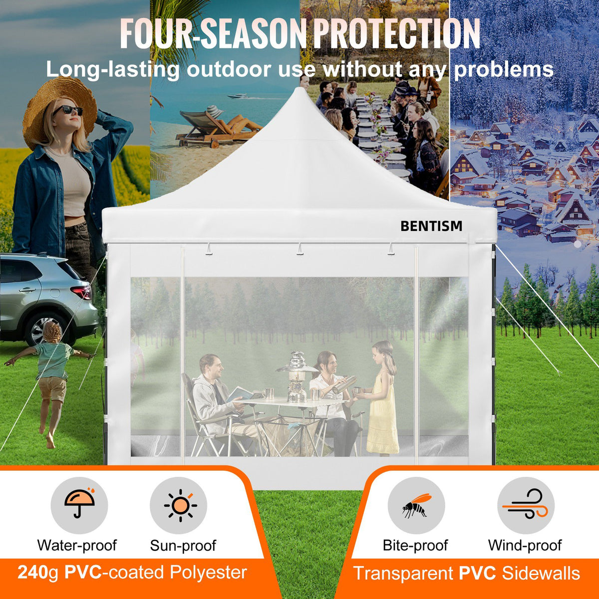 304,8 x 304,8 cm popup-tält med tak, utomhuspaviljongtält med avtagbara sidoväggar och hjulförsedd väska, UV-resistent vattentätt direktpaviljongtält för fest, trädgård, bakgård, vit