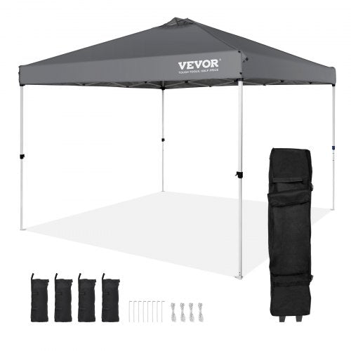 Pop Up-tält med tak, 3 x 3 meter, 250 D PU silverbelagd presenning, med bärbar rullväska och 4 sandsäckar, vattentät och solskyddande paviljong för utomhusfester, camping, kommersiella evenemang, mörkgrå