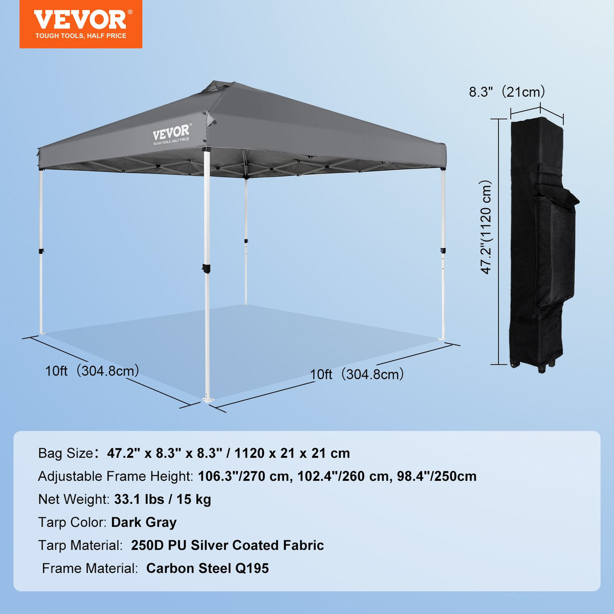 Pop Up-tält med tak, 3 x 3 meter, 250 D PU silverbelagd presenning, med bärbar rullväska och 4 sandsäckar, vattentät och solskyddande paviljong för utomhusfester, camping, kommersiella evenemang, mörkgrå