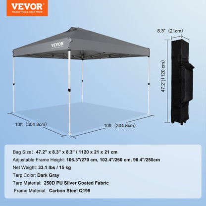 Pop Up-tält med tak, 3 x 3 meter, 250 D PU silverbelagd presenning, med bärbar rullväska och 4 sandsäckar, vattentät och solskyddande paviljong för utomhusfester, camping, kommersiella evenemang, mörkgrå