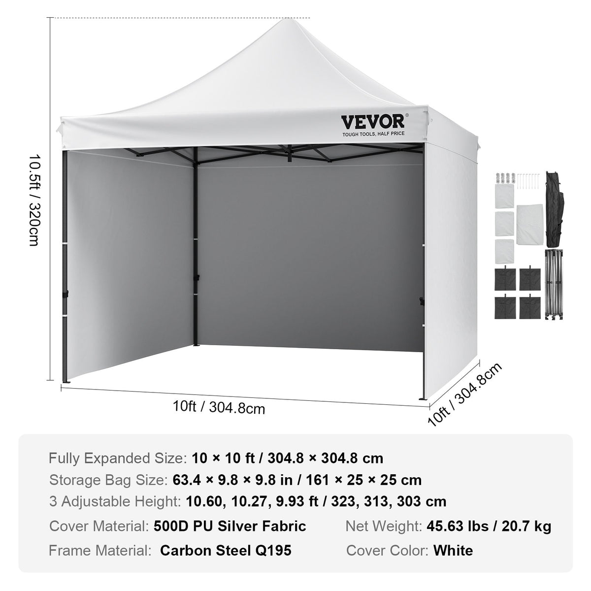 Pop Up-tält med tak, paviljongtält 304,8 x 304,8 cm med sidoväggar och väska, vitt